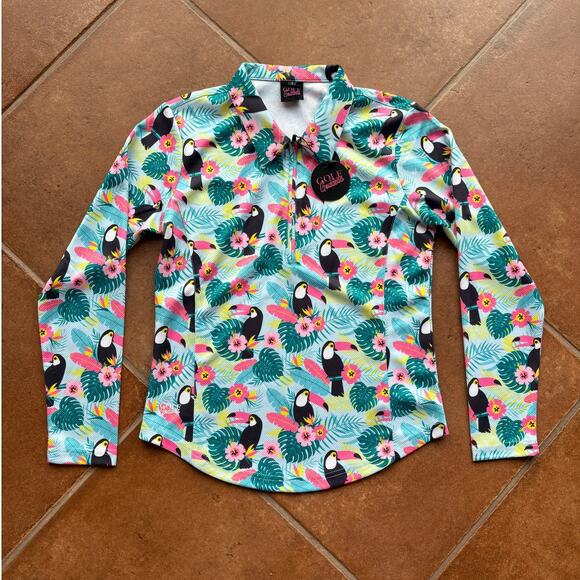 Golf Goddess NWT Bright Tropical Toucan Themed Quarter Zip Pullover size S - Picture 9 of 9